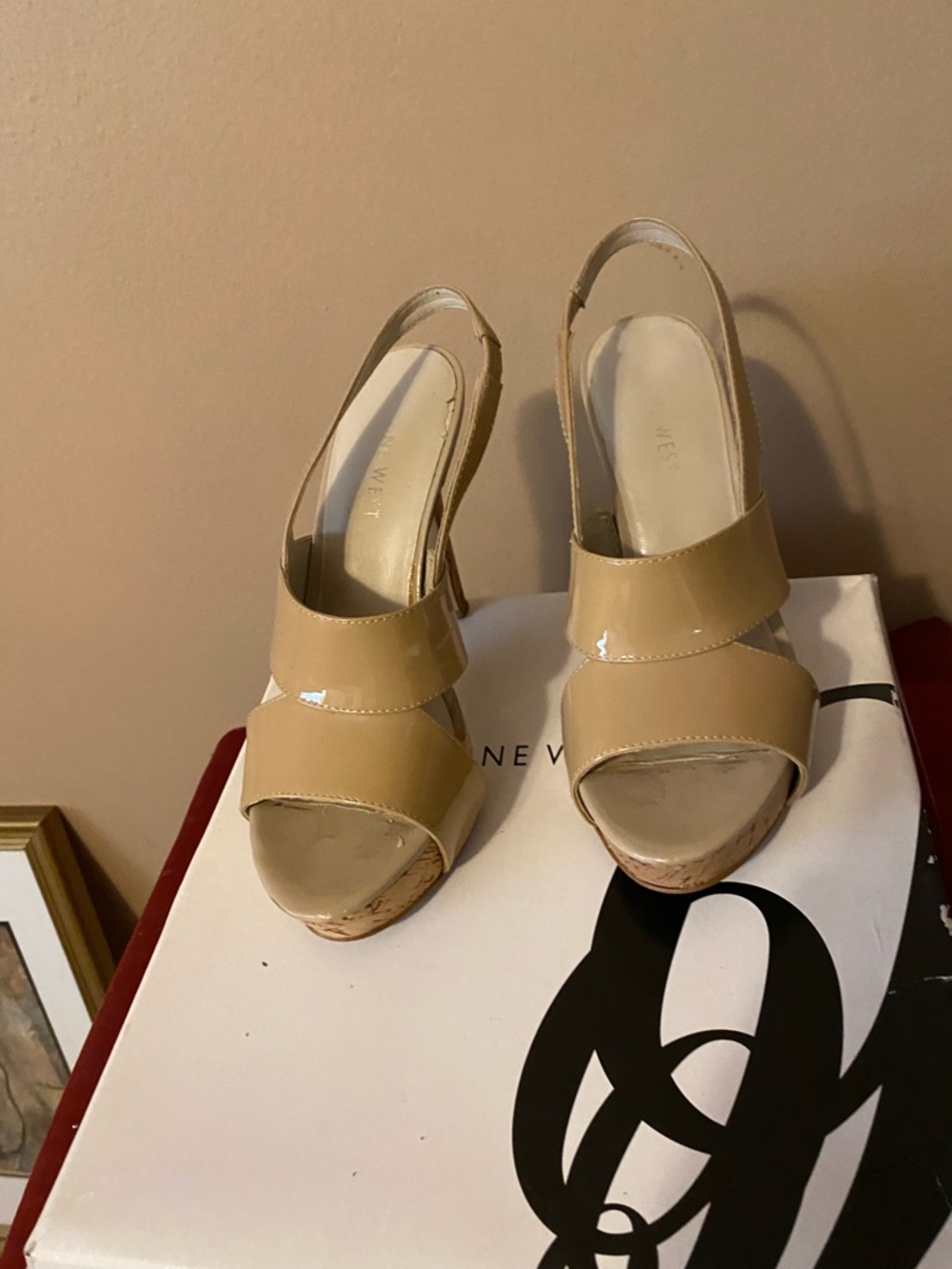 Nine West Nude Patent Leather Slingback Wedge Sandals